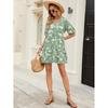Women Elegant Pattern Print Pleat Party Dress Casual Short Sleeve Loose Bohemian Dress Summer Sexy V-neck  Dress