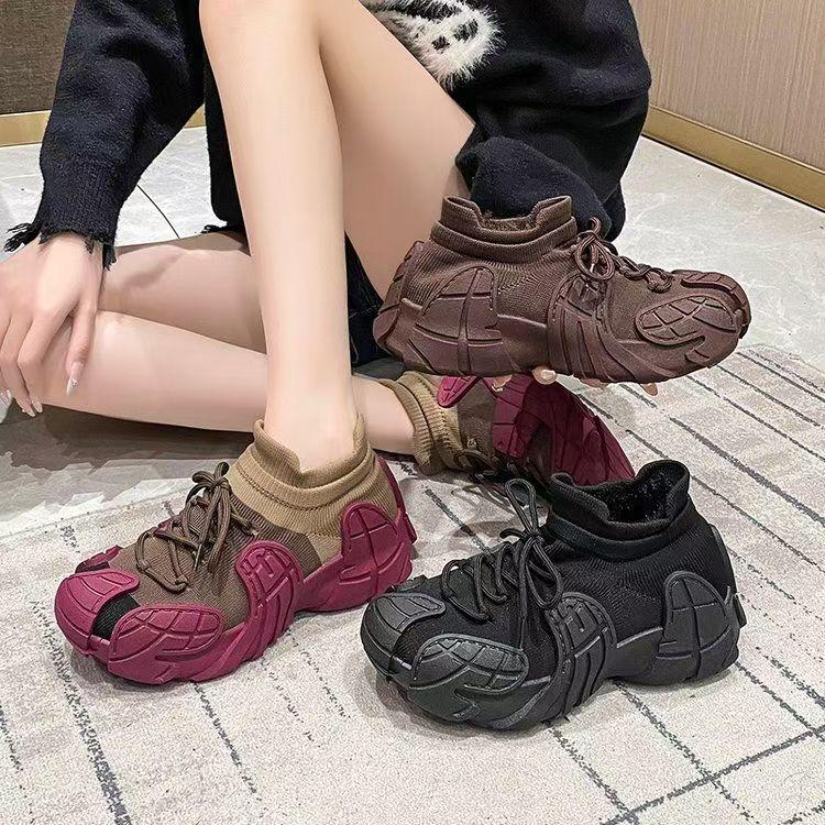 Women's Thick Sole Flyknit Sneakers - Cotton Sock Shoes for Autumn/Winter 2025.