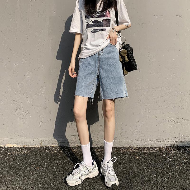 

Рваные джинсовые шорты, женские летние брюки с пятью точками, свободные прямые тонкие широкие брюки с высокой талией, женские M светло-синий