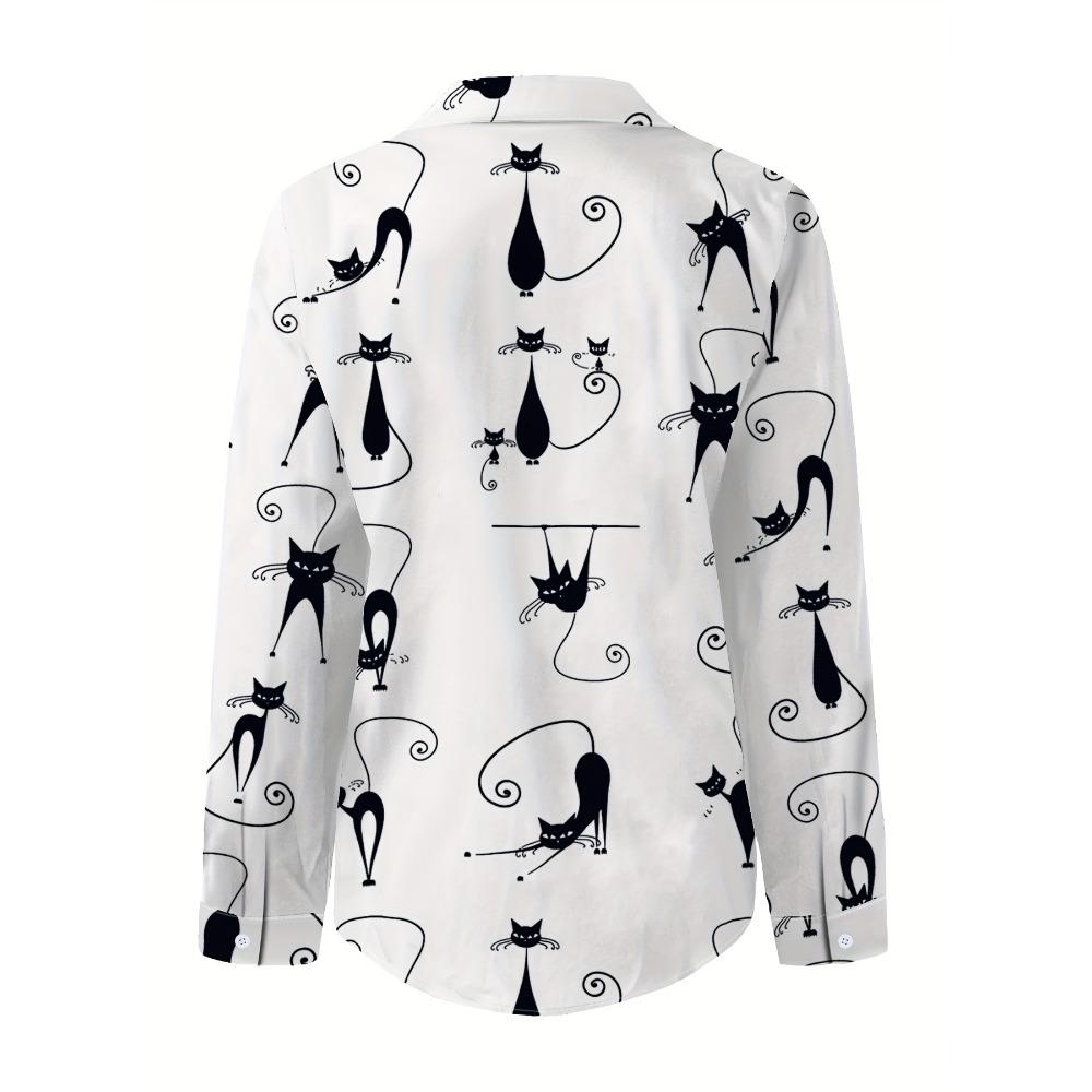 Casual Kitten Pattern Daily Commute Lapel Button-down Shirt