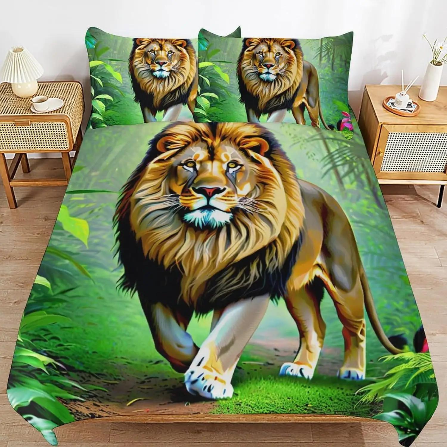 Grosstor Unisex Wildlife Duvet Cover Set,Lion And Tiger Quilt Cover,Soft Breathable Microfiber Bedding Sets With Pillowcases With Zipper Closure