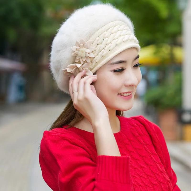 1Pcs Thickened Beret Warm Knitted Wool Hat Autumn Winter Mom Hat Diy Accessories Women'S Winter Flower Hat