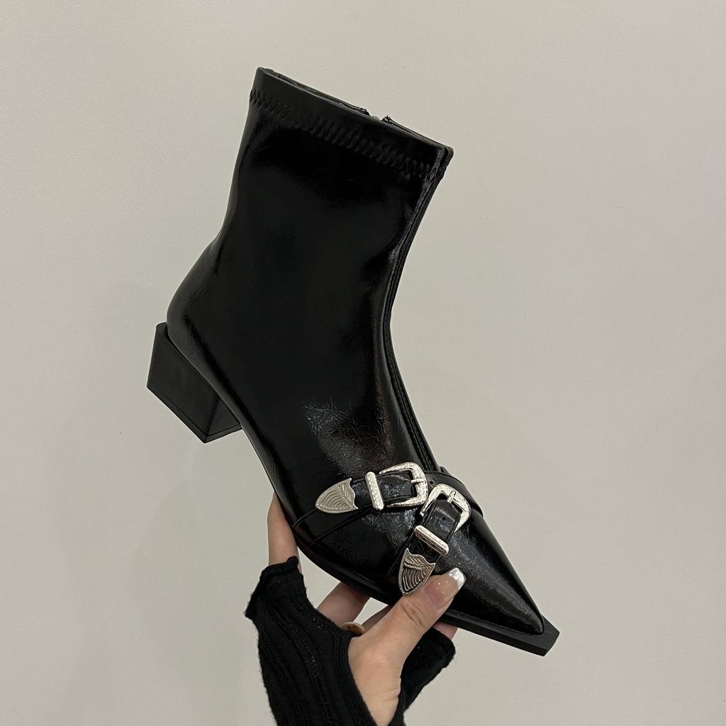 Französische spitze dicke hohe Absätze kurze Stiefel Damen 2025 neu Temperament Seitenreißverschluss Mode elastische dünne Stiefel