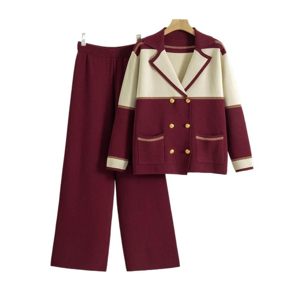Women's Double-Breasted Knitted Suit: Two-Piece Set with Wide-Leg Pants and Suit Collar
