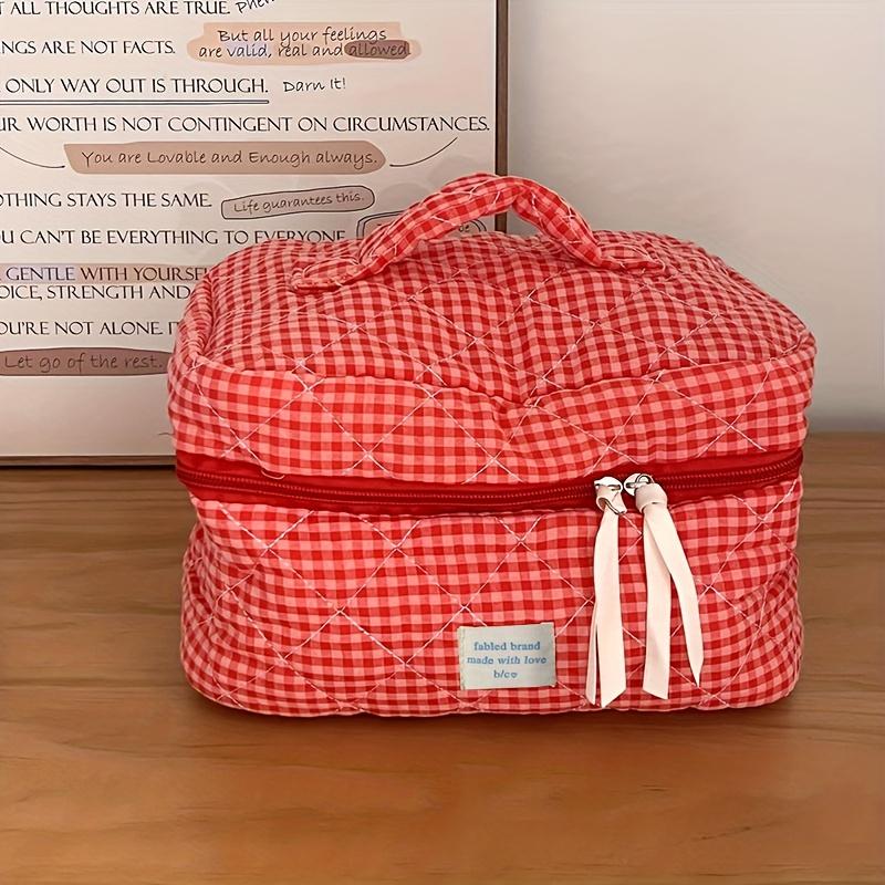 Karierte Make-up-Tasche Große Kapazität Tragbare Kosmetiktasche für Frauen Mädchen Hautpflege Toilettentasche Multifunktionale Niedliche Geldbörse Beutel