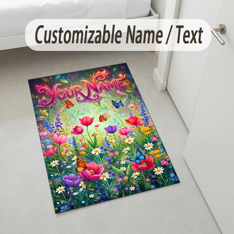 Floral Garden Theme Crystal Velvet Rug Personalized Custom Name Text Soft Floor Mat Home Decor