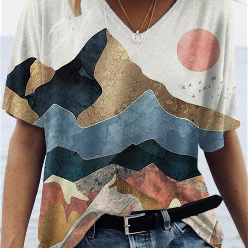 Fashion Spring  Forest Print Blouses Short Sleeved V-Neck T Shirts Casual