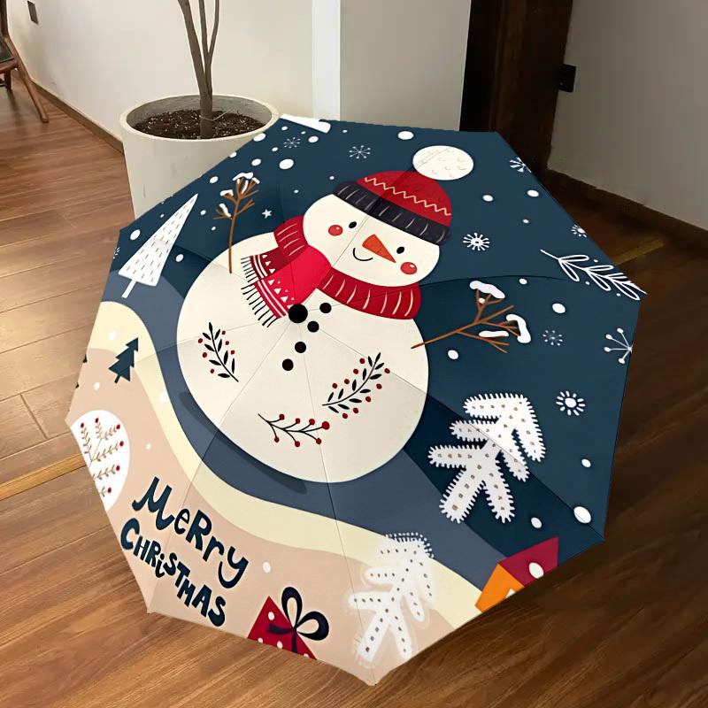 1PC Snowman Merry Christmas Automatic Open/Close Umbrella with Windproof, 8-Rib Sturdy Canopy, Durable Ribs, Fashionable Design,1261
