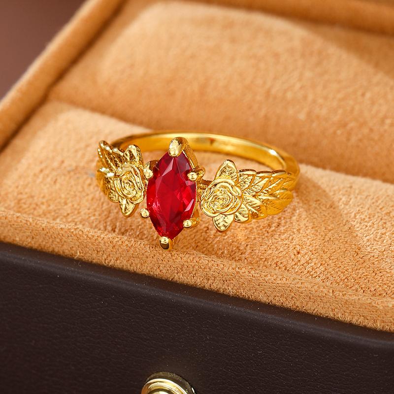 Retro Intarsien Roter Synthetischer Zirkonia kombiniert mit Goldfarbenen Blumen Geeignet für Damenringe Partys Bankette Schmuck 10 orange