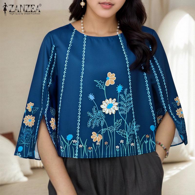 ZANZEA Blusa holgada casual para mujer con estampado floral, cuello redondo, abertura y manga 3/4