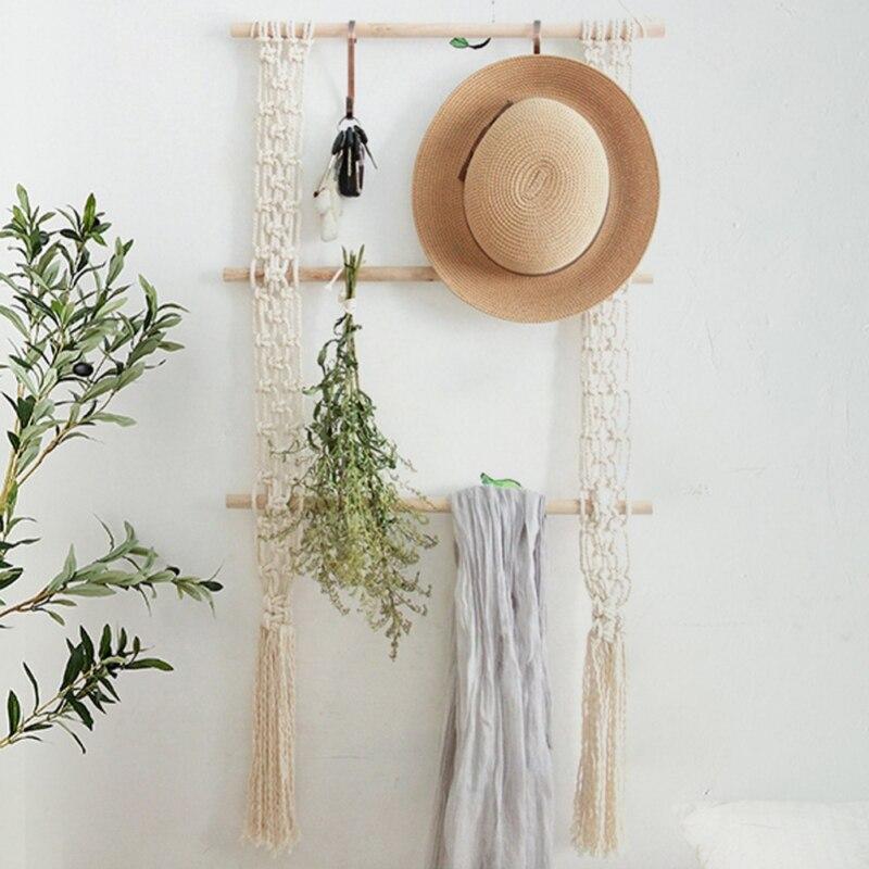 Tapiserie Macrame cu Ciucuri Lucrată Manual, Agățătoare de Perete cu Raft, Boho, Frânghie de Bumbac Țesută, Suport de Plante, Decor de Perete din Lemn