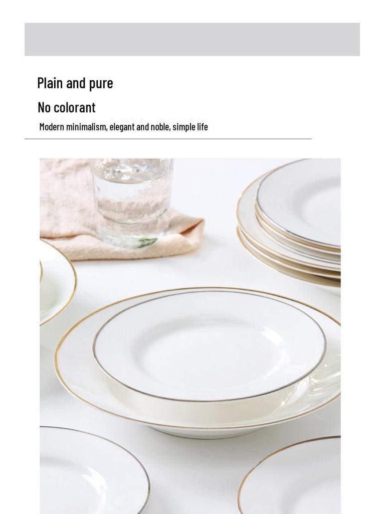 Piatto in Porcellana Ossea con Bordo Dorato Stile Nordico - Piatto Piano Elegante per Bistecca e Zuppa, Stoviglie Occidentali di Lusso Leggero.