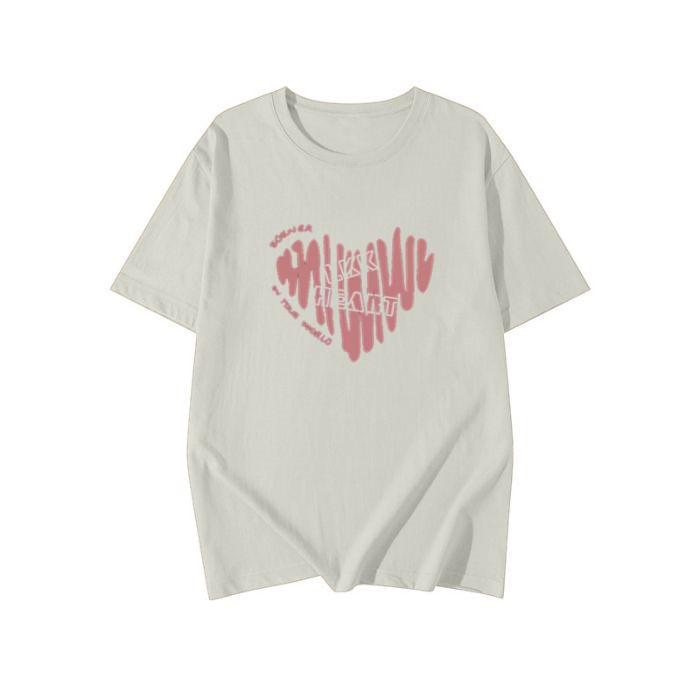 Women Plus Size Cotton T-Shirt Summer Short Sleeve Heart Print Mid-Long Loose Casual Pullover Top For 200lbs