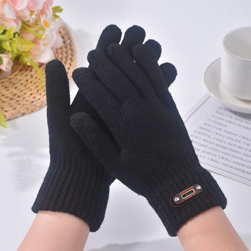 Wool cycling cycling cold-proof student gloves men's autumn and winter warm solid color velvet finger knitting