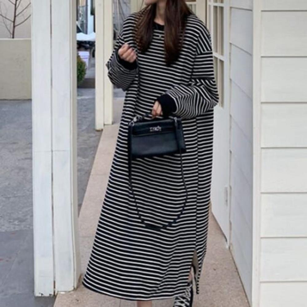 Navava Casual Striped Long Sleeve Round Neck Dress No864