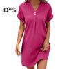 Summer Mini Dress Short Sleeves V Neck Loose Pure Color Dress Bohemian Buttons Casual Dress for Beach Vacation Daily Wear