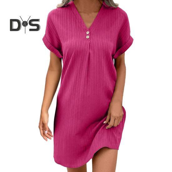 Summer Mini Dress Short Sleeves V Neck Loose Pure Color Dress Bohemian Buttons Casual Dress for Beach Vacation Daily Wear