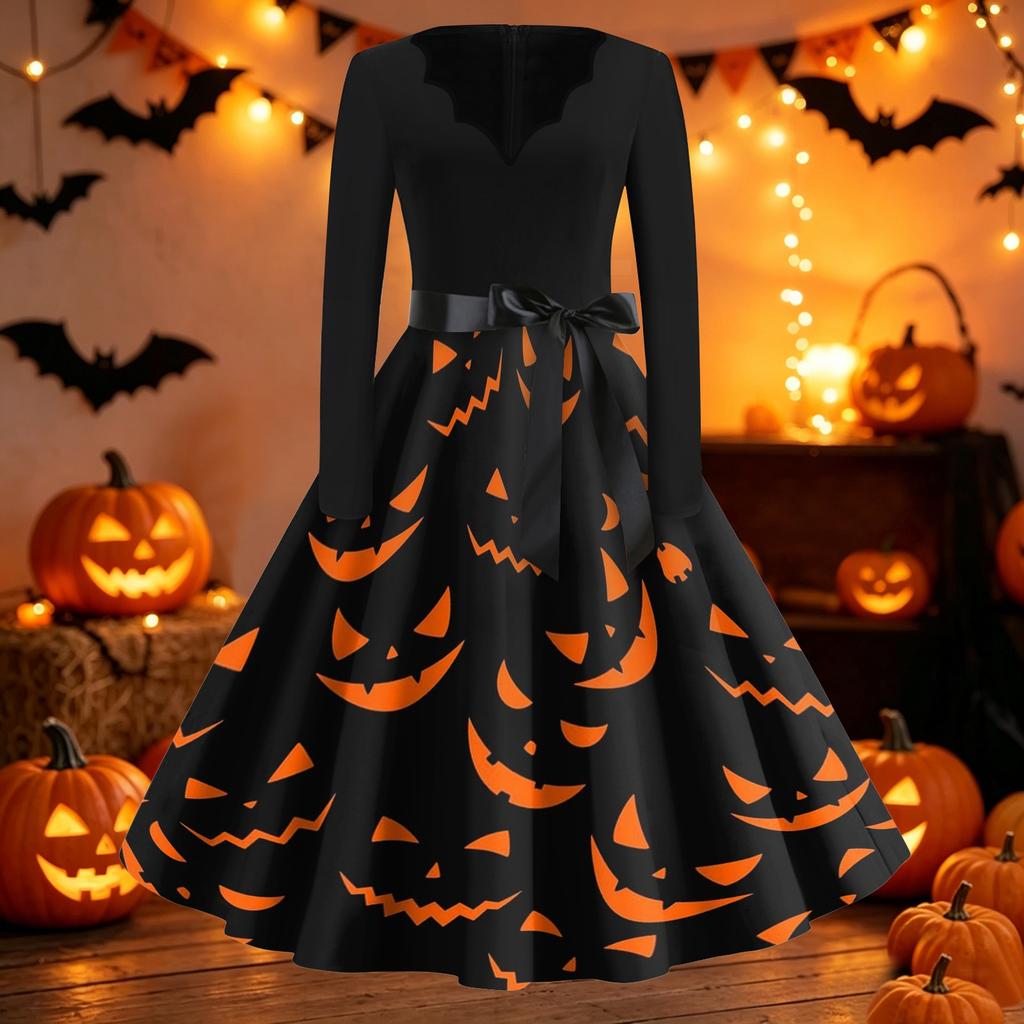 Women's Vintage Halloween Dress V Neck Long Sleeve Casual Retro Style Bat Print Swing Skirt Dress with Waist Tie Belt