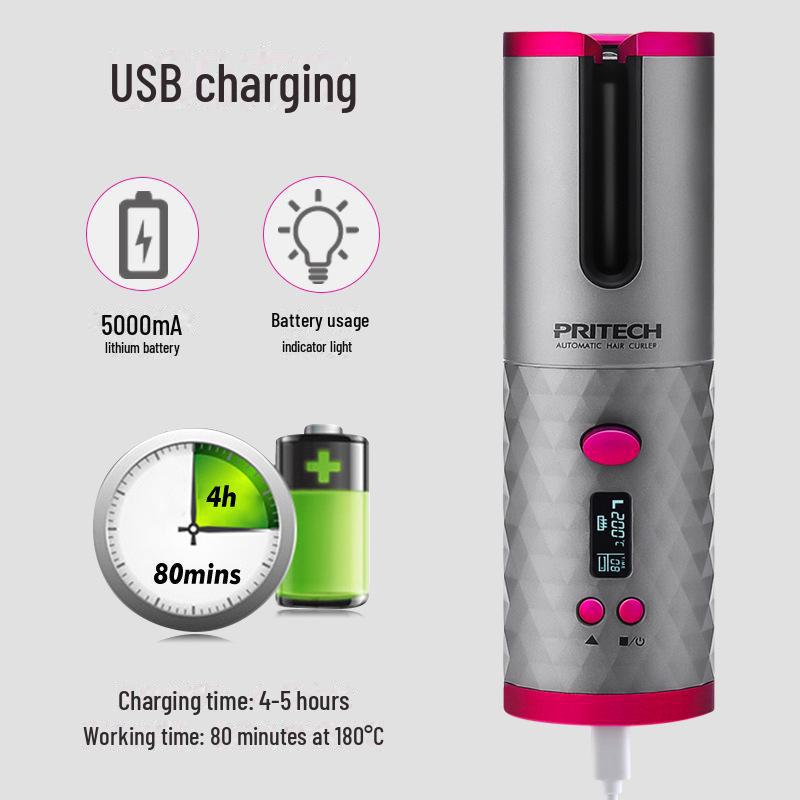 PRITECH Wireless Automatic Curling Iron - Portable USB Rechargeable Smart Curler for Effortless Styling On-the-Go.