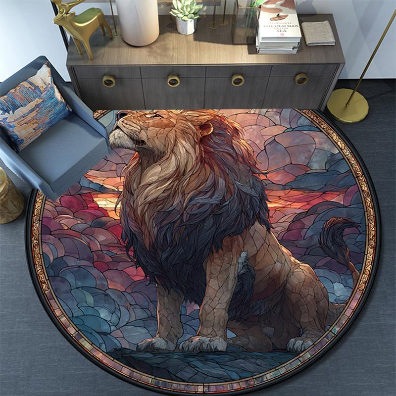 Löwen-Kunstwerk Runder Teppich, Teppich für Wohnzimmer Schlafzimmer Sofa Spielzimmer Dekoration, Rutschfeste Fußmatte