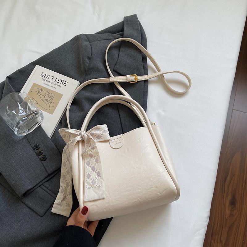 Fashion Vintage Bucket Bag Women PU Leather Top Handle Bag with Checkered Scarf Bow Large Capacity Shoulder Bag for Daily Commute and Outings
