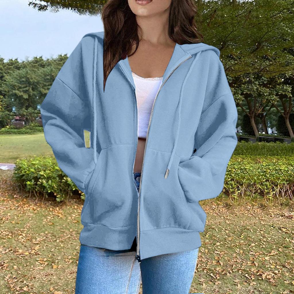 Dames Casual Mode Effen Kleur Lange Mouw Rits Capuchon Sweatshirt