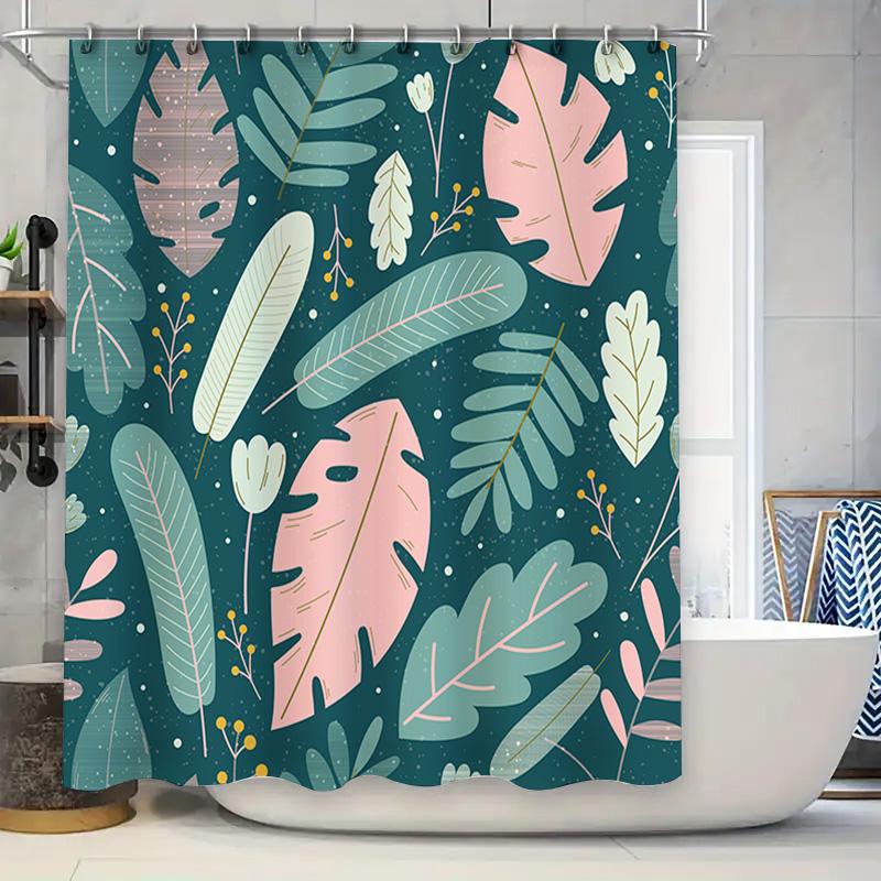 Decorative Shower Curtain Green Leaves Pattern Bath Mat Waterproof Fabric for Bathroom Decorations in Pink Blue Colors Easy Inst