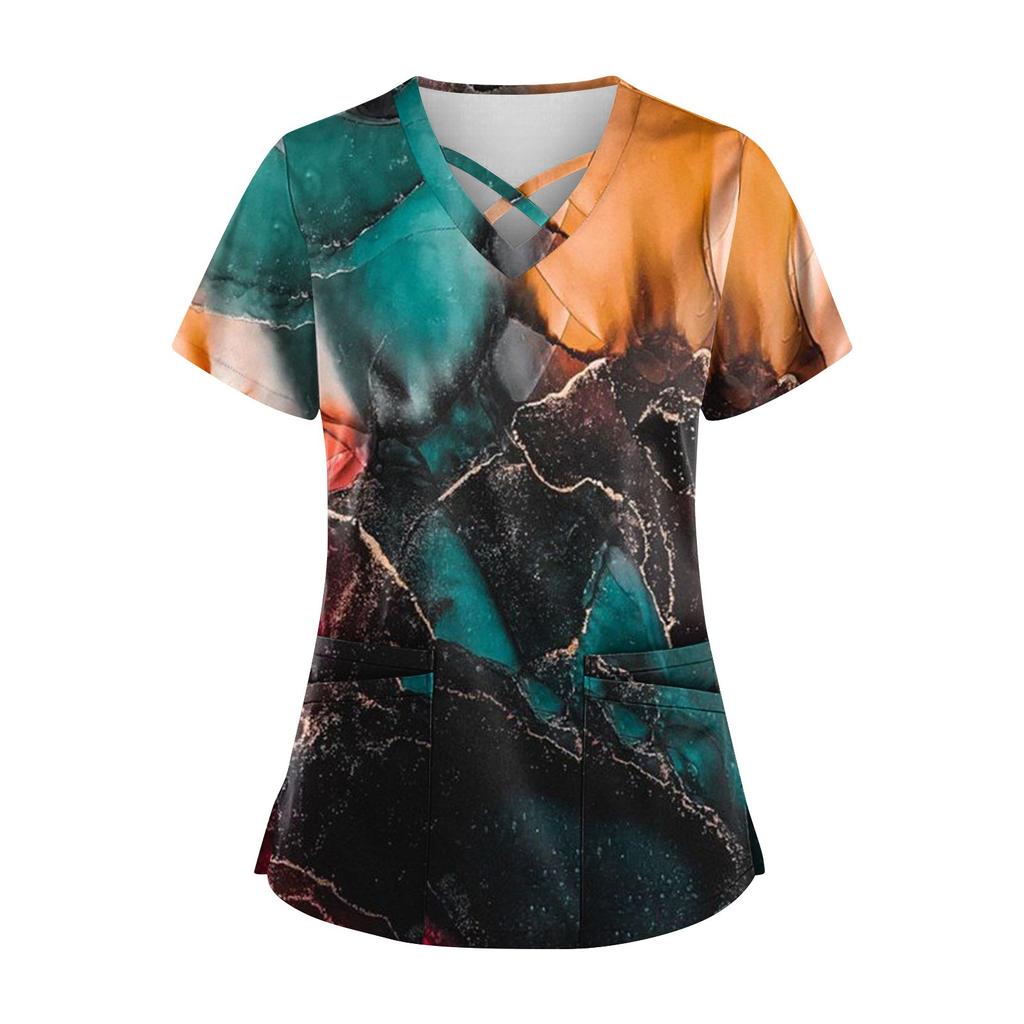 Women's Fashion V Neck Cross Printing Uniform With Pocket T-Shirt Short Sleeve Top