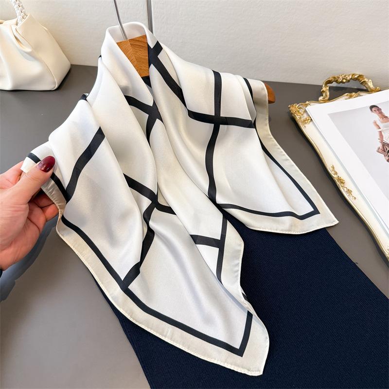 Simple Large Checkered Faux Silk Printed Square Scarf Shawl Neckerchief High-end Tie-on Small Square Headscarf Silk Scarf