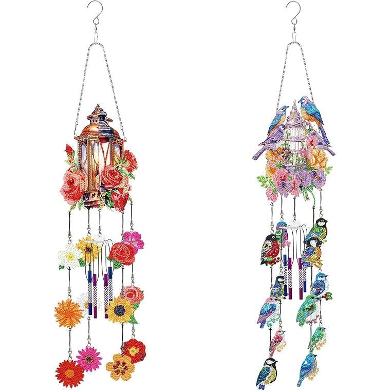Generic DIY Dotted Diamond Art Painting Wind Chime Kit, Three-Dimensional Sun Catchers Diamonds Dot Paintings Hanging Ornaments, for Spring Garden
