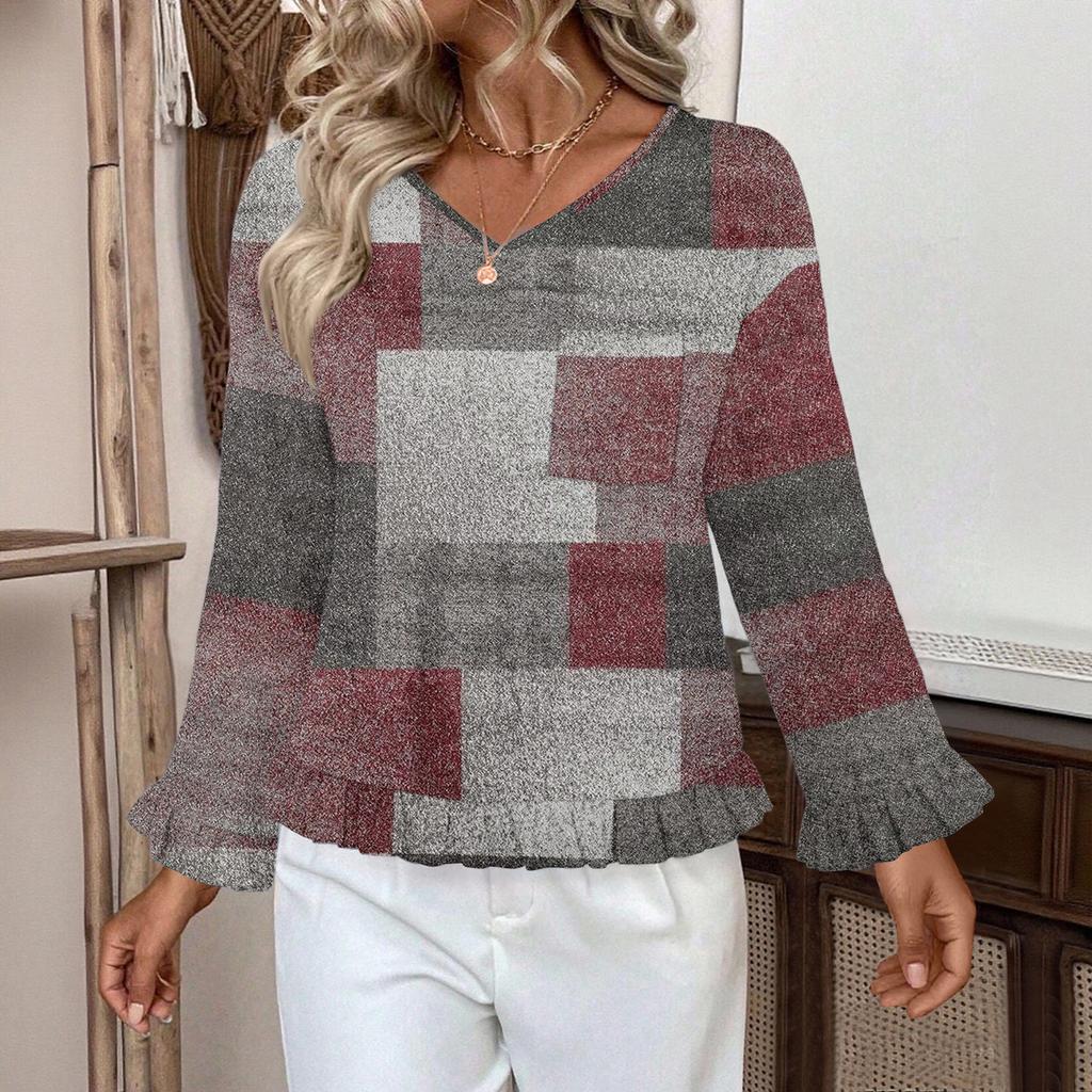 Dámský ležérní módní top s volánky, výstřihem do V, potiskem a dlouhým rukávem