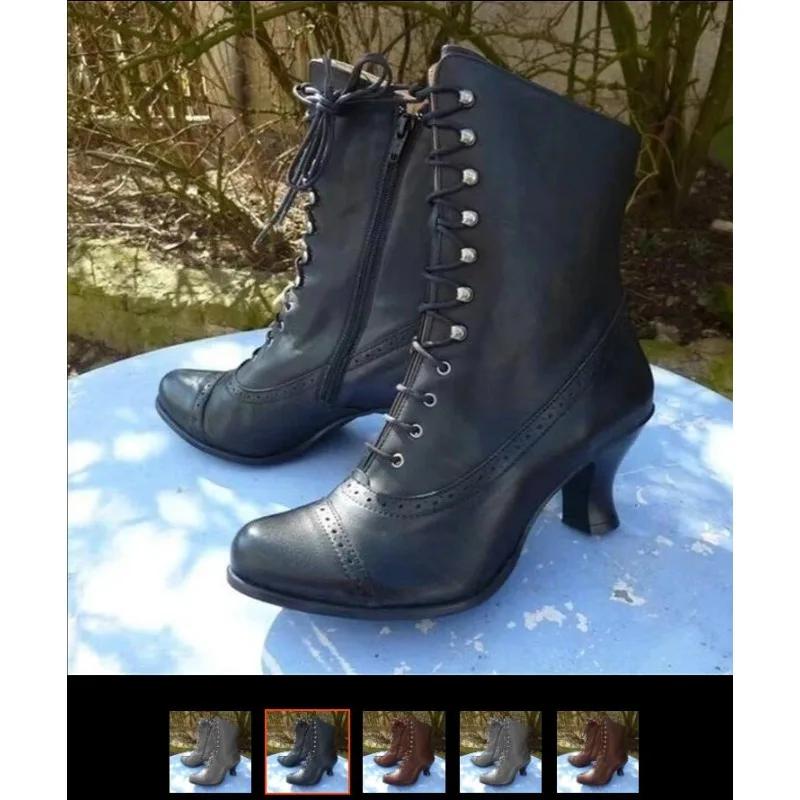 New Women Short Boot PU Leather Bikerboots High Heel Pointed Toe Boots Women's Victorian Boots Retro Botas