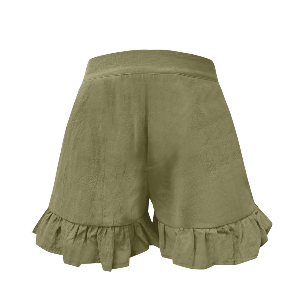 Women's Fashionable Loose-Fit Cotton-Linen Blend Casual Shorts With Pockets -Color Ruffled Wide-Leg Pants