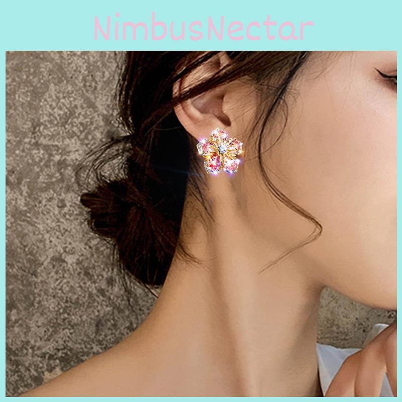 Floral Zircon Silver Needle Earrings With Rose Design For Elegant Women