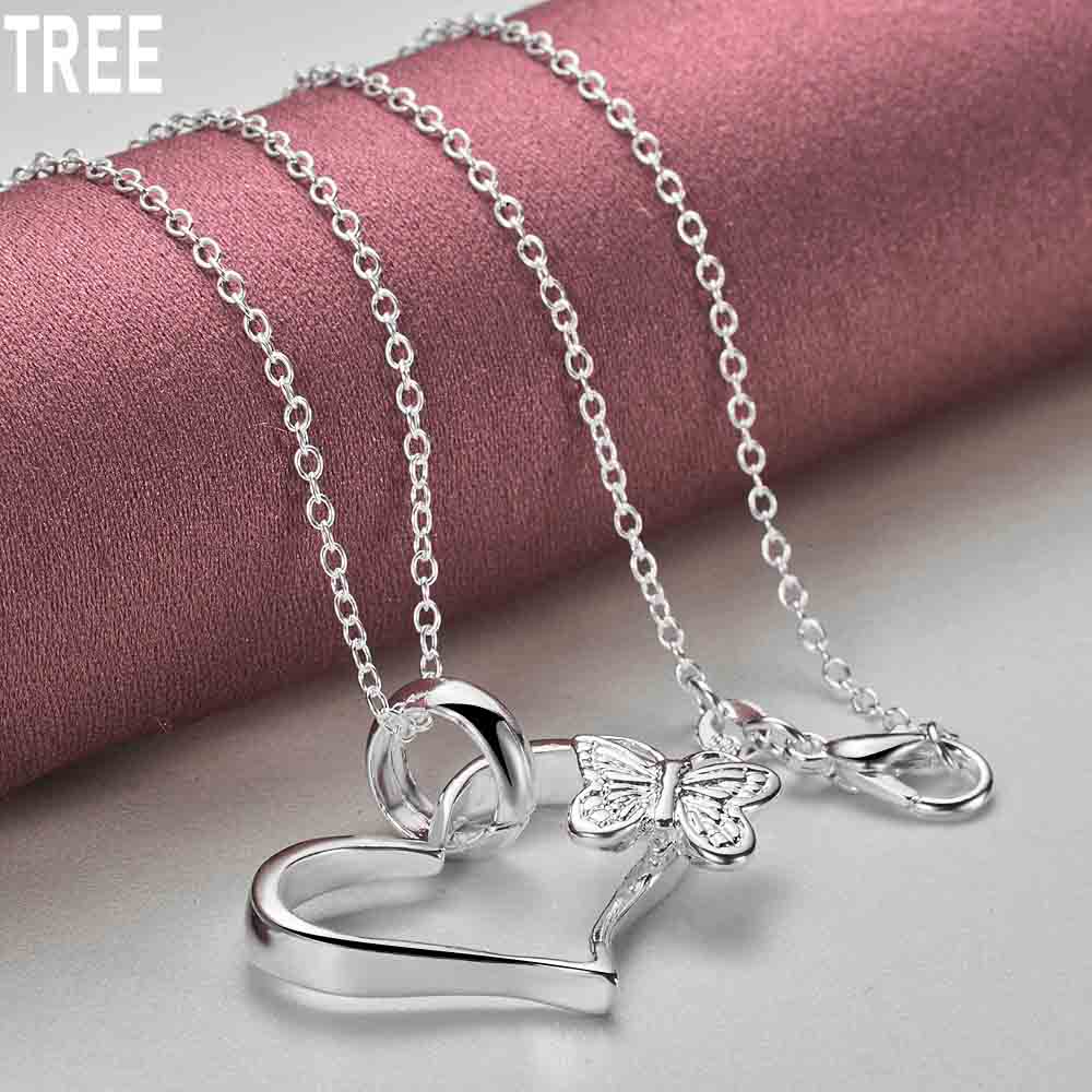 925 Sterling Silver Heart-shaped Butterfly 18 Inch Pendant Necklace Fashionable Wedding Jewelry