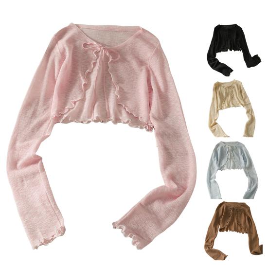 Sun Knit Cardigan for Women Tie Front Long Sleeve Sheer Mesh Beach Cover Up Ruffle Hem Thin UV Protection Sun Shirts