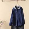 Youthful Korean Style Cotton Shirt Loose Fit Long Sleeve Vintage Peter Pan Collar Blouse for Women Spring Autumn Office Wear