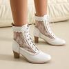 Women Mesh Boots Female Summer 2025 Leather Chunky Med Heels Shoes Size 48 Laciness Bandage Decor
