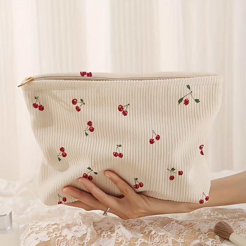 Chic Makeup Bag Lightweight Corduroy Makeup Bag Chic Cherry Pattern Red Cherries White with Golden Zipper Toiletries