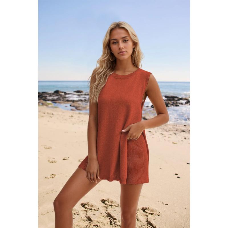 Letní dámský šortkový oblek Volný ležérní kulatý výstřih Vesta Šortky Pletený oblek