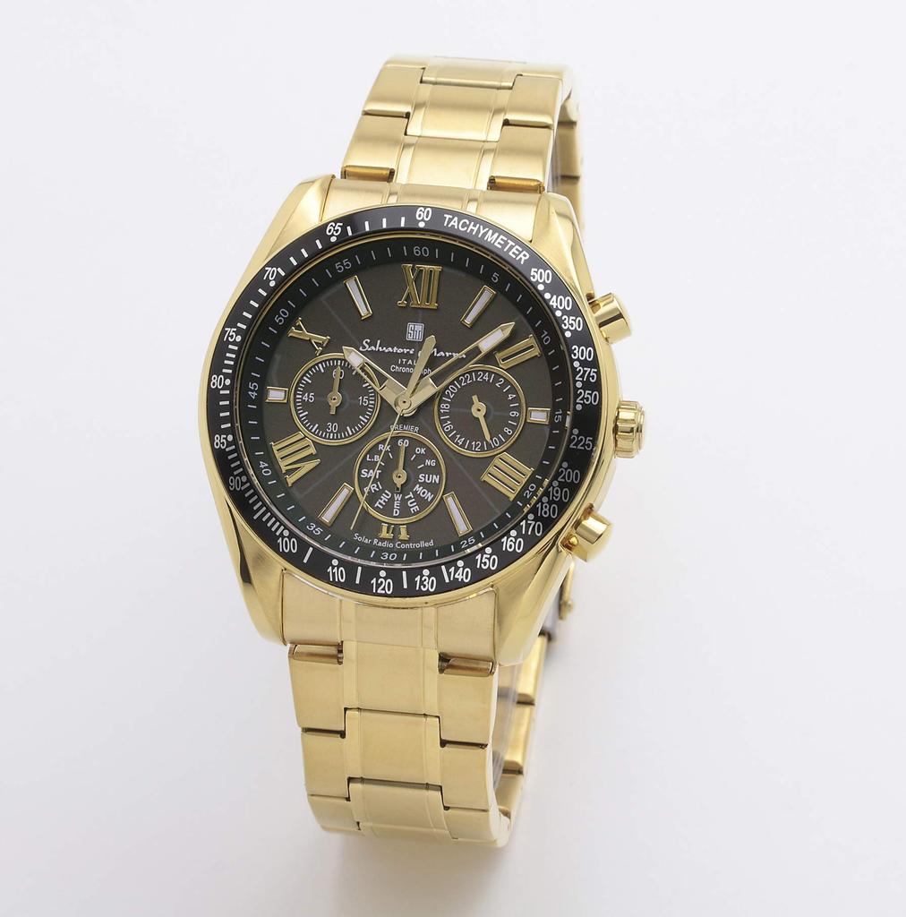 Salvatore Marra Men's Radio-Controlled Solar Chronograph Watch, Gold Accent, Black Dial, Stainless Steel, Includes Cleaning Cloth