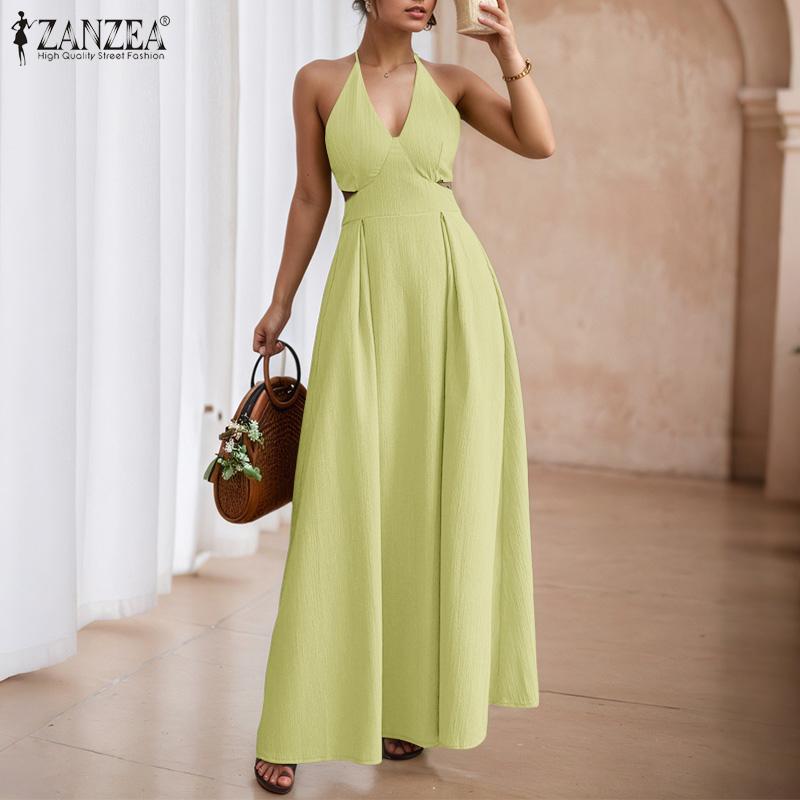 

ZANZEA Women Casual Lace Up V-Neck Straps Backless Slip Dress 5XL чорний