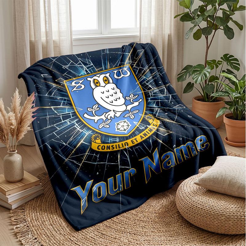 Sheffield Wednesday FC Custom Name Text Flannel Blanket Soccer Logo Personalized Fleece Throw Blanket Special Gift For Sofa Bedroom Home
