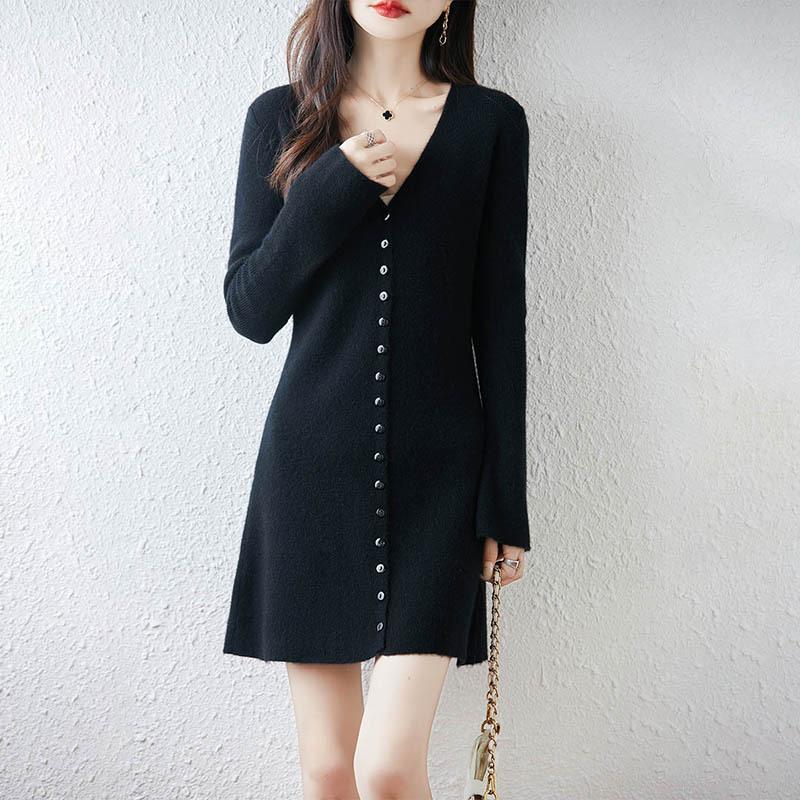 Early Autumn New Multi-Button V-Neck Long-Sleeved Dress Knitted Slim-Fitting Knitted Bottoming Skirt Pure Desire To Show Thin Wool Cardigan