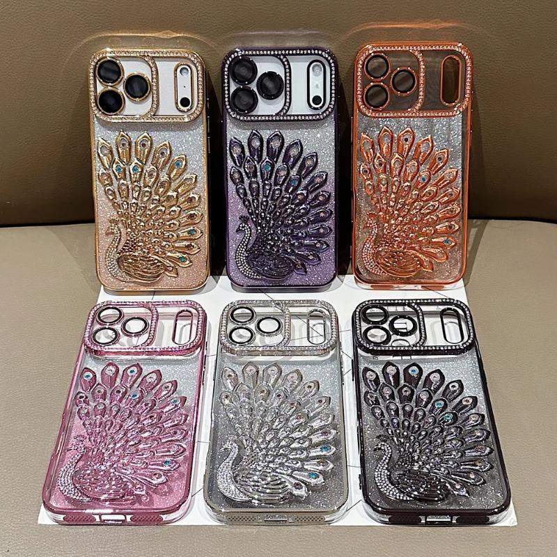 Pfauen-beschichteter Rahmen Glitzer-Aufkleber Strassstein-Linsenring-Hülle für iPhone 17 Pro Max Air 17 Pro 16 Pro 15 14 13 Schutzhülle