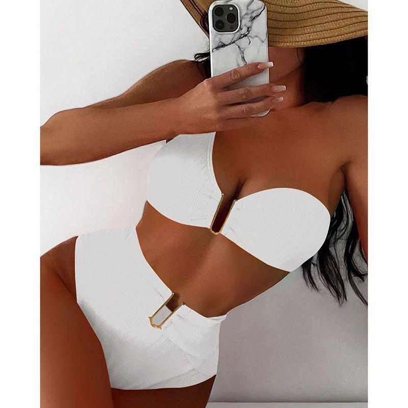 European-American Style 2025 One-Shoulder Solid Color Bikini Swimsuit for Women