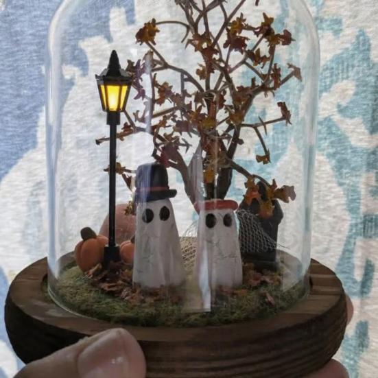 Halloween Ghost Pumpkin Lantern Lighted Glass Dome Cloche Horror Desktop Ornament for Home Fireplace Table Indoor Night Light