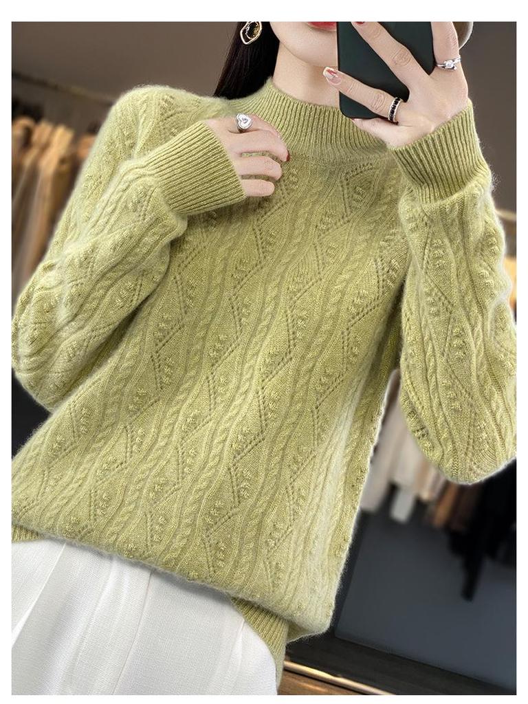 Premium Women's Thick Cable Knit Cashmere Mock Neck Sweater