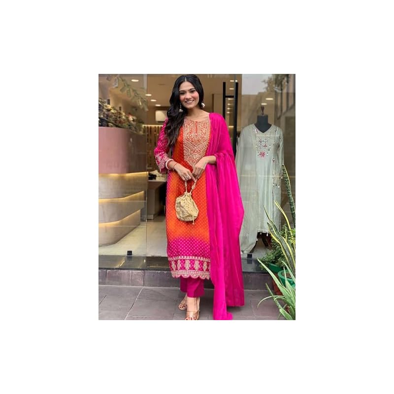 GoSriKi Women's Rayon Blend Straight Embroidered Kurta with Pant & Dupatta (Lasivan Pink-GS_L_Pink_Large)