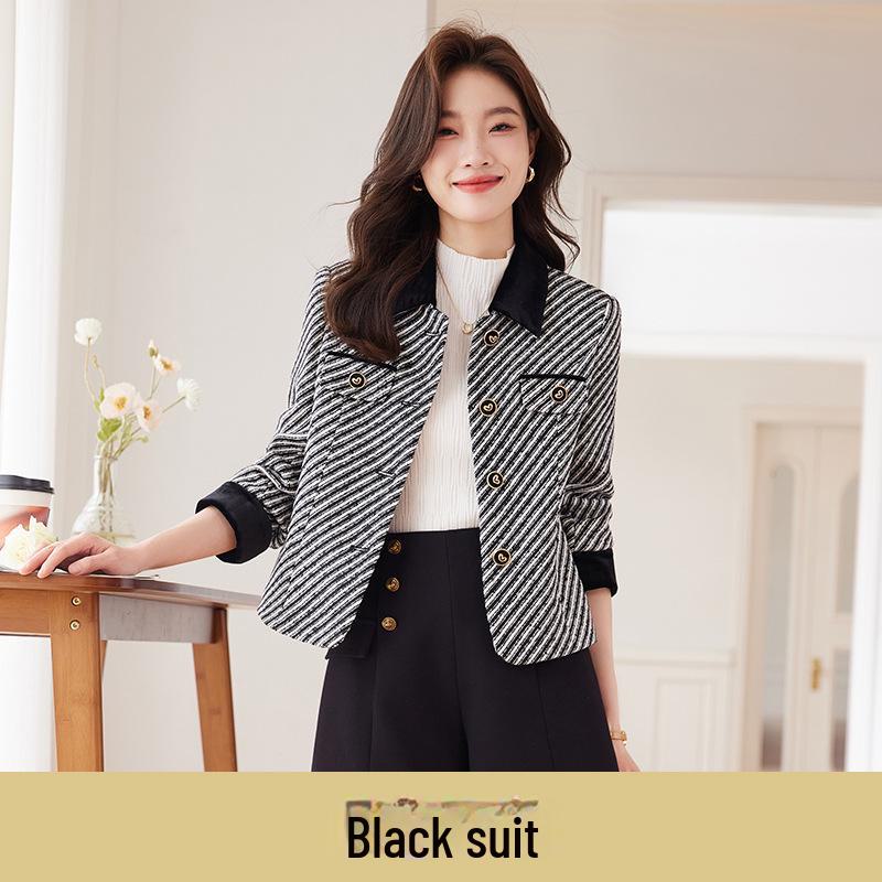 

Весна 2024 Полосатая куртка в стиле Xiaoxiang: Женский короткий универсальный костюм в стиле вестерн для весны, осени и зимы Large чёрный